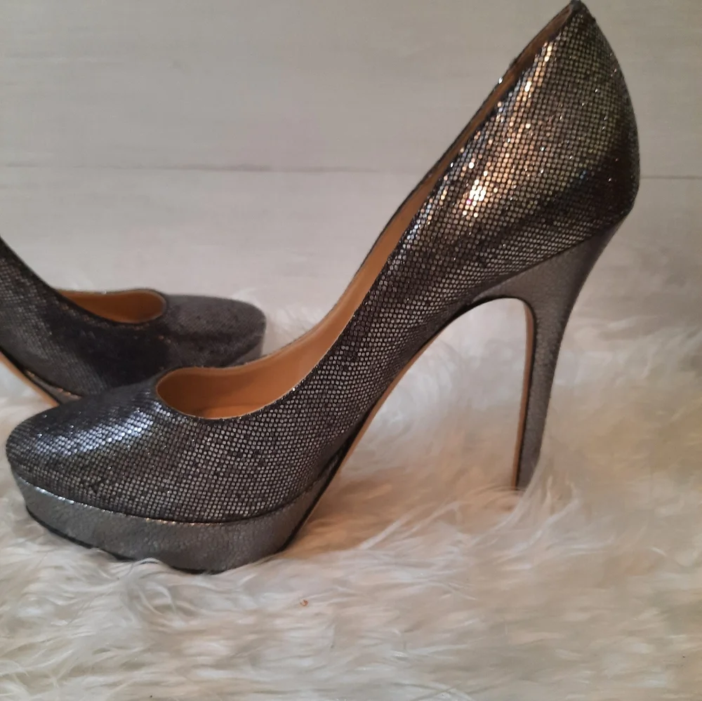 Jimmy Choo Silver black shimmer Platform heels sz 38.5 8.5 Italy - Picture 8 of 11